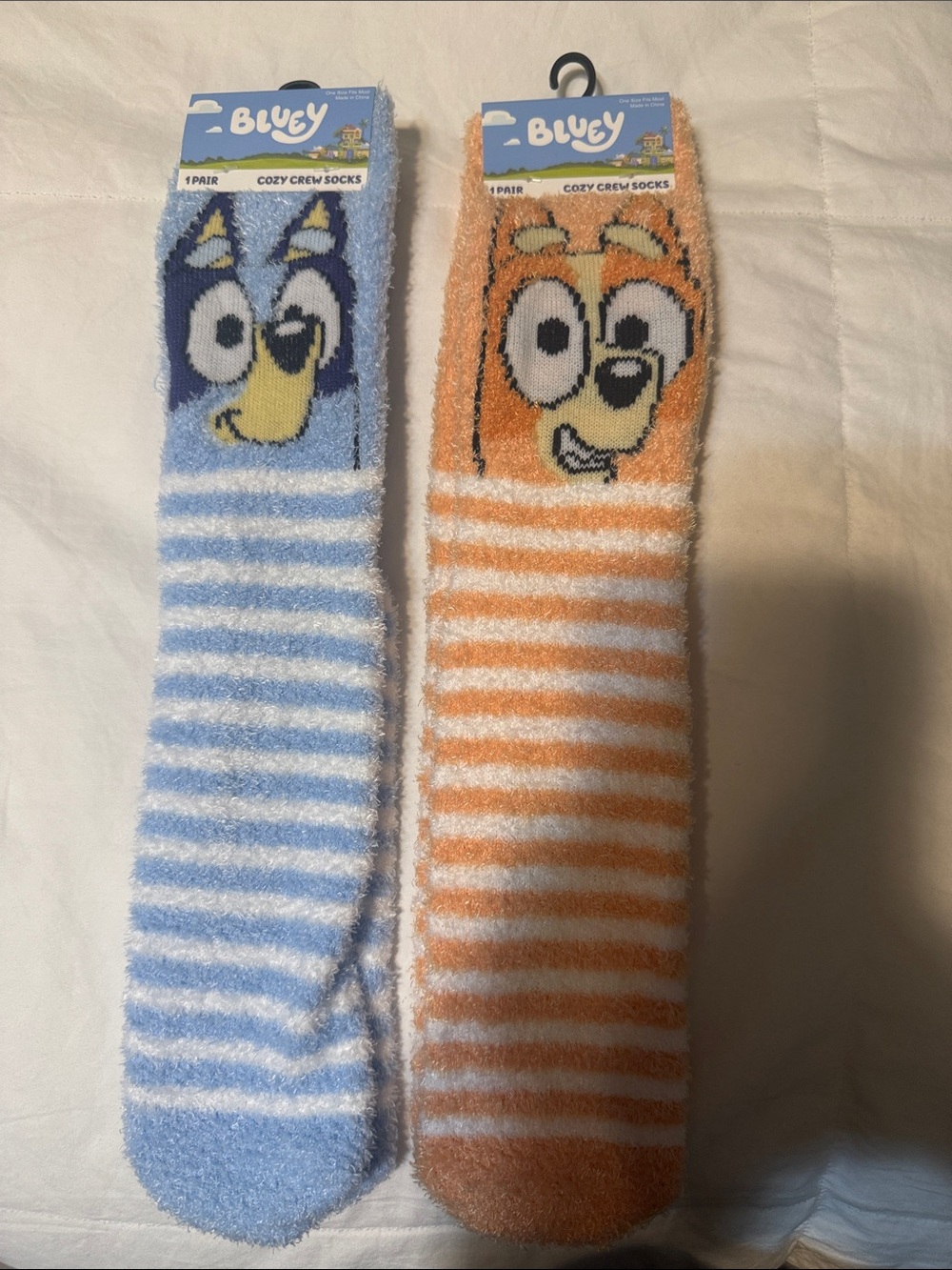 Bluey Plush Kids Crew Socks - Blue & Orange Striped Cozy Pairs